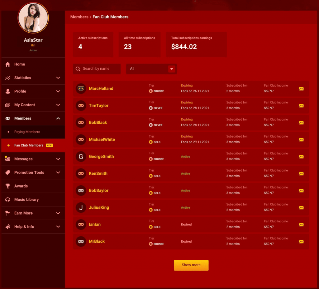 Check subscription earnings on the Fan Club Members page. More subscription means more money on LiveJasmin