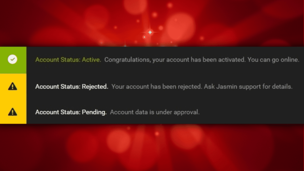 LiveJasmin Model registration Account Status bar